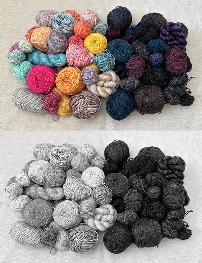 Two images with the top being a big pile of scarp yarn in many colors, sorted into light and dark sides of the pile. The bottom image is the same picture in grayscale.