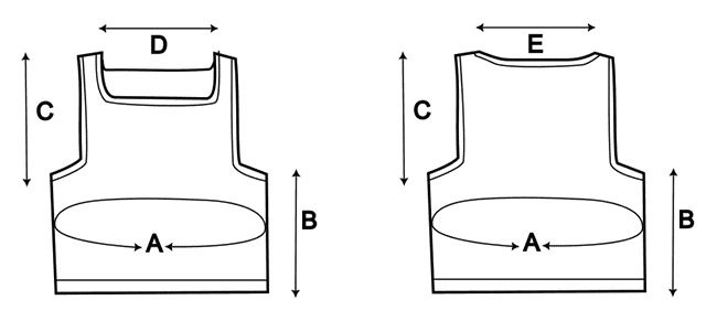 A chart showing where the measurements below are found on the two different vests.